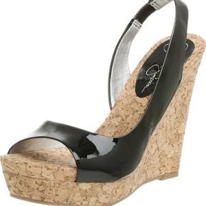 Jessica Simpson Miles Black Patent Cork Wedge Sandals SZ7